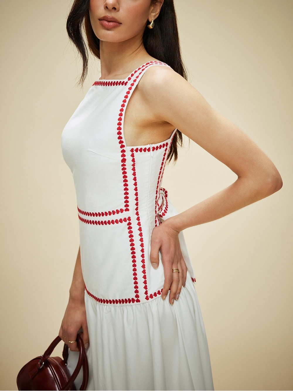 NWT Commense White Red Trim Maxi Dress Tie Back Cotton Vacation Dress Size M - Picture 3 of 13